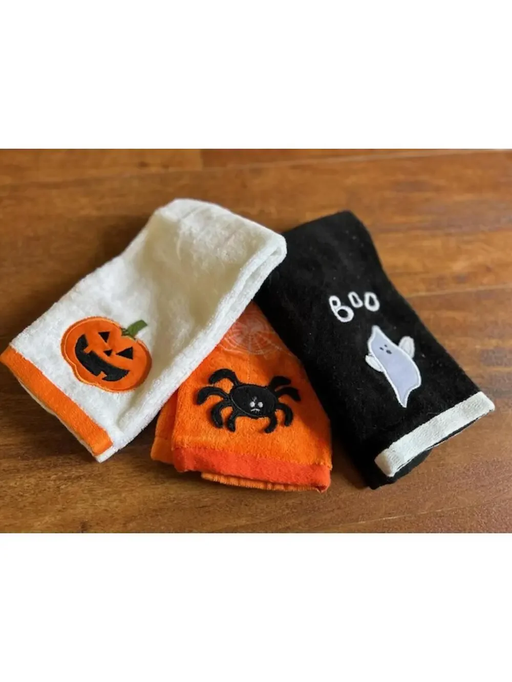 Set of 3 Halloween Themed Hand Towels with Pumpkin, Spider, and Ghost Designs
